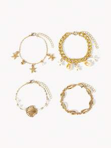 Opalesca 4 件套波西米亚贝壳、海星和仿珍珠装饰多层手链套装，适合女性海滩度假装、夏季配饰 - 金黃色 - 查看 2