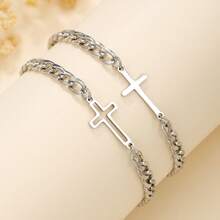 Stainless Steel Cross Couple Bracelet Set, Valentine's Day Jewelry - As Shown In the Figure - View 2