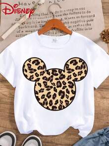 Disney Leopard Print Mickey Mouse Head Print Crew Neck Short-Sleeve T-Shirt, Machine Washable Fabric, Suitable For Everyday Wear And Themed Events - Disney Women's Fashion Apparel, Party Wear, Youthful Design, Opaque Pure Cotton Material. - White - View 1