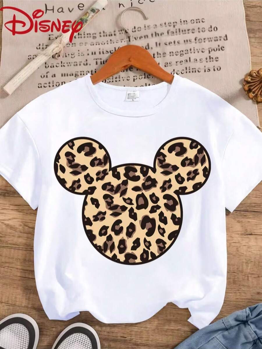 Disney Leopard Print Mickey Mouse Head Print Crew Neck Short-Sleeve T-Shirt, Machine Washable Fabric, Suitable For Everyday Wear And Themed Events - Disney Women's Fashion Apparel, Party Wear, Youthful Design, Opaque Pure Cotton Material. - White - View 1