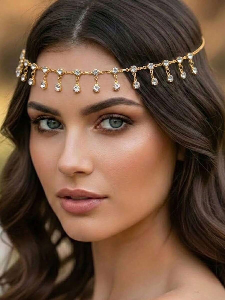 Rhinestone Head Chain Crystal Forehead Jewelry Boho Tassel Hair Chain Headpiece Bridal Wedding Hair Accessories With Clips For Women And Girls - Multicolor - View 1