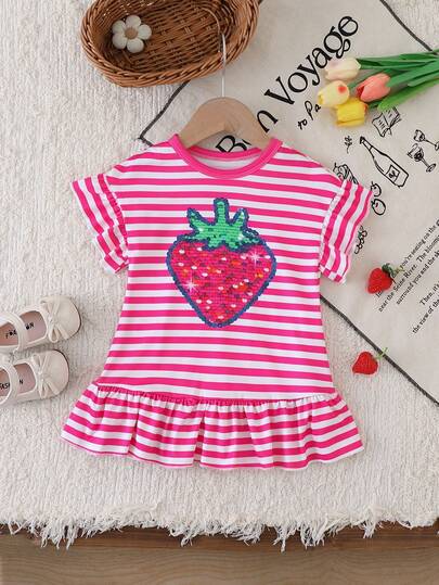 Girls' Summer Pink & White Striped Cap Sleeve Dress, Digital Print Sequin Strawberry Pattern Ruffle Hem Casual Dress, Suitable For Daily Wear