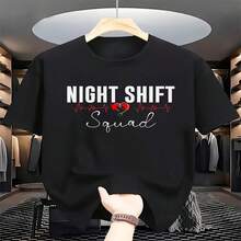 Night Shift Squad Graphic T-Shirt - Black With Red Heartbeat Line Design, Unisex Streetwear Tee For Men & Women, Comfortable Cotton Round Neck Short Sleeve, All-Season Casual Wear, Vintage Style, Allseason Apparel | Vintage Graphic Tee | Durable Casualwear - Black - View 1