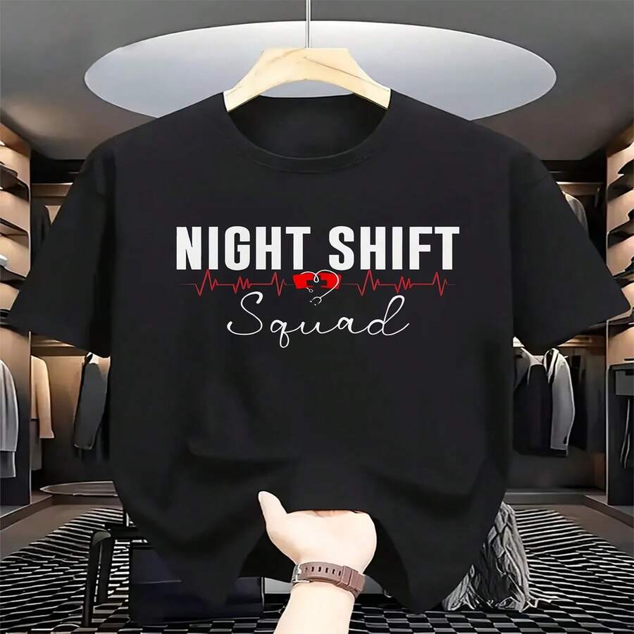 Night Shift Squad Graphic T-Shirt - Black With Red Heartbeat Line Design, Unisex Streetwear Tee For Men & Women, Comfortable Cotton Round Neck Short Sleeve, All-Season Casual Wear, Vintage Style, Allseason Apparel | Vintage Graphic Tee | Durable Casualwear - Black - View 1