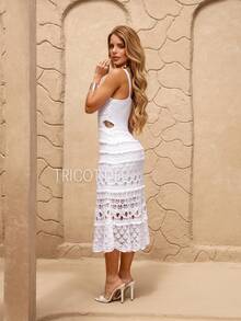 Women's Midi Dress, Knit With Lace, Party, Beach, Sophisticated, New Year's Eve, Christmas, Vacation, Beach, Wedding, Bridesmaid - 白色 - 查看 2