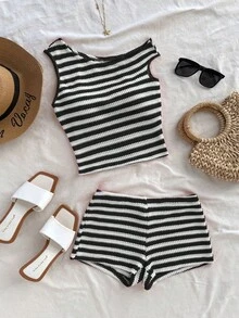 Summer European American Style Striped Knitted Top & Hot Shorts Two Piece Set, Rui Chuo Casual Slim Fit Soft Comfortable Daily Streetwear Vacation Beach Fashion Women Outfit - 軍綠色 - 查看 3