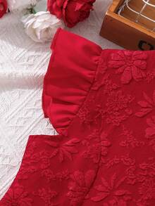 Left Mama 少女优雅红色短袖提花连衣裙，适合宴会和情人节穿着，夏季款 - 紅色 - 查看 5