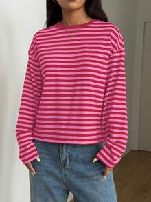 Women's Casual Top, Striped Contrast Ribbed Knit, Everyday Wear, Spring/Autumn - Rose Red - View 6