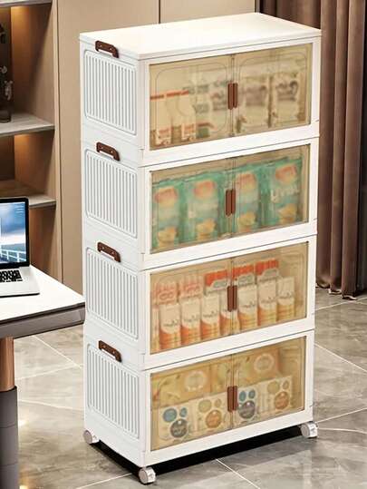 45cm 多用途スタッカブル折りたたみプラスチック収納キャビネット、2/3/4/5段、マグネット式ロック付き、キャスター＆扉付き、防水、寝室・リビング・キッチンの整理整頓に最適、家庭用収納ボックス