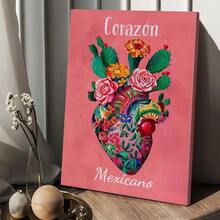 1 pieza de arte mural en lienzo con diseño floral rosa mexicano de "Corazón Mexicano" vibrante, con caléndulas, rosas y cactus, sin marco, lista para colgar en la sala de estar, dormitorio u oficina en casa - Decoración de arte folclórico mexicano. - negro - Ver 5