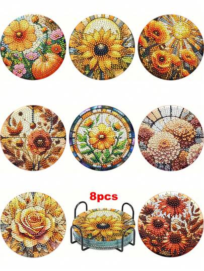 8pcs Sunflower DIY Diamond Painting Coaster Set, Round Bright Diamond Surface, Sturdy Adhesive With Full Tools, Easy For Beginners, Stress Relief Handcraft, New Year, Valentine's Day, Christmas, Teacher's Day Gift, Home Decor Coasters For Family, Friends, Girlfriend, Teacher