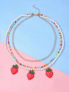 Colorful Beaded Handmade Strawberry Pendant Necklace, Multi-Layer Fashion Accessory, Gift For Teenage Girls - one-size - View 4