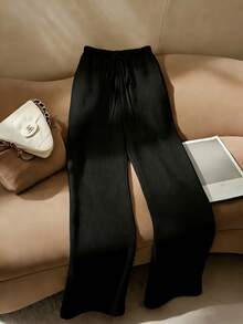 1pc Solid Color Polyester Drawstring Pocket Pants, Suitable For Vacation And Daily Wear, Spring/Autumn Black - Black - View 1