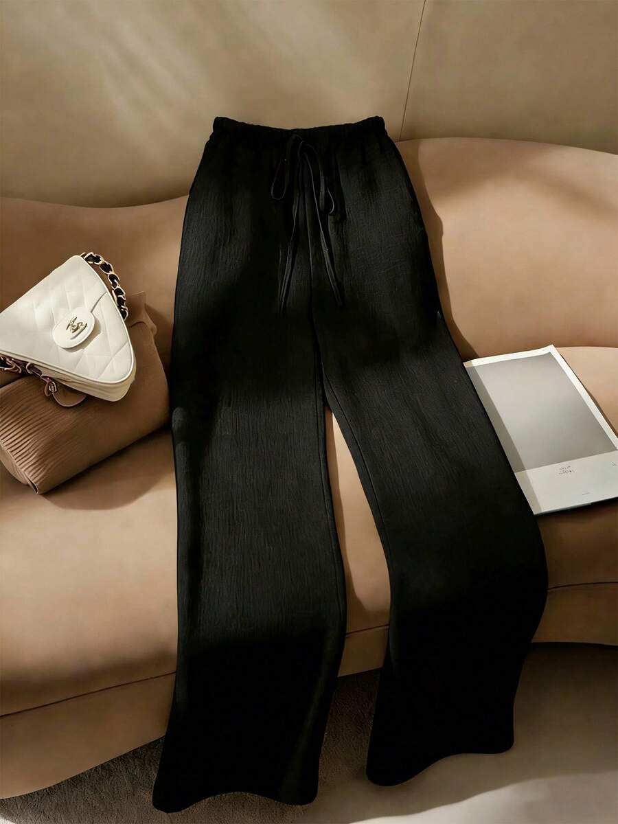 1pc Solid Color Polyester Drawstring Pocket Pants, Suitable For Vacation And Daily Wear, Spring/Autumn Black - Black - View 1
