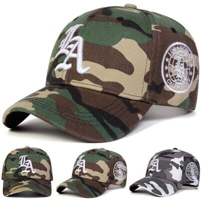 1 pieza Gorra de béisbol con bordado de letra LA gótica, estampado de camuflaje para hombres, sombrero deportivo para exteriores, ajustable, protección solar, casual, adecuado para primavera, otoño, salidas, viajes, playa, fiestas