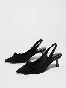 Women's High Heel Pumps, Pointed Toe High Heels, Fashion Bow Chunky Heel Shoes, Slingback Backstrap Low Vamp Sandals, Bow Office Shoes - Black - View 6