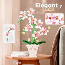 DIY Orchid Building Blocks, Elegant Orchid Decor, White Vase, Flower Color Assembly, Construction Building Toy, Potted Flower Bouquet Indoor Decoration, Small Particle Model - Creative Orchid Building Blocks Assembly - View 3