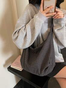 Fashionable Plaid Shoulder Bag, Large Capacity Campus Style Crossbody Bag, Student Cloth Bag, Pastoral Chic - Grey - View 3