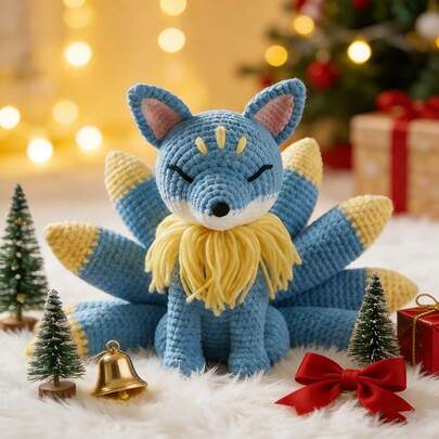 DIY手工柔软睡姿蓝尾九尾狐摆件，治愈系装饰。闭眼可爱蓝黄撞色九尾狐钩针桌面摆件。精致针织蓝尾九尾狐，闭眼梦幻小狐狸。蓝黄撞色九尾狐钩针装饰，充满少女魅力。梦幻九尾小狐狸治愈礼物。