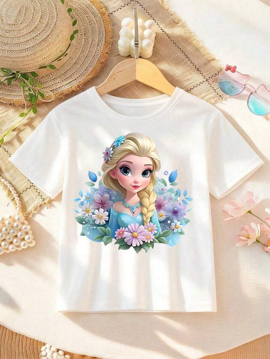 Disney Cartoon Princess Elsa Printed Children's T-Shirt. This Soft And Breathable Short Sleeved Round Neck T-Shirt Is Perfect For Spring And Summer Wear, Making It An Ideal Choice For Daily Wear, Vacation And Leisure, Outdoor Exploration, Campus Life, And Shopping Trips. This Is Also An Excellent Gift For Boys And Girls Of The Same Age. Every Child Deserves One. - White - View 1