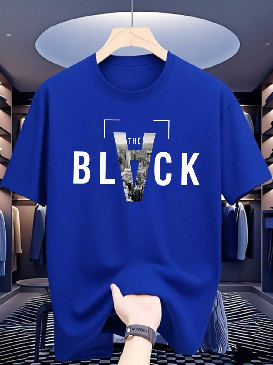 Men's The Block Cityscape Print Graphic T-Shirt, 100% Cotton Casual Streetwear Top Minimalist Cityscape Letter Print Graphic Tee, Cotton Casual Streetwear Short Sleeve Top Casual The Block Letter Print T-Shirt, 100% Cotton Daily Wear Streetwear Top - Xanh đậm - Xem 1