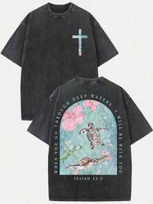 2026 Summer Clothes(230g T-Shirt) Loose Washed Cotton "When You Go Through Deep Waters" Turtle Graphic T-Shirt, Comfortable Christian Faith Tee With - 黑色 - 查看 9