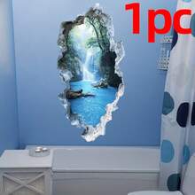 1片3D瀑布森林墙贴，防水PVC材质，易于粘贴和移除，适用于家居、浴室、卧室、客厅装饰，为您的浴室增添自然沉浸式氛围。 - 瀑布森林 - 查看 6