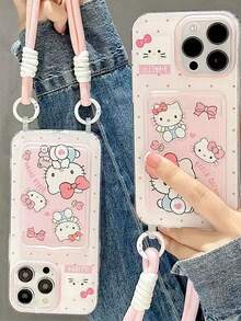 SANRIO 1 chiếc ốp lưng điện thoại 3D họa tiết chấm bi hồng hoạt hình Hello Kitty kèm nơ và dây đeo cổ tay, phù hợp với 11/12/13/14/15/16/17/PROMAX. - Hồng - Xem 2