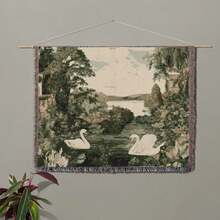 Swan Lake Woven Tapestry Romantic Verdure Cotton Wall Hanging French Country Vintage Garden Scene European Landscape Textile Art Blanket - A - 查看 2