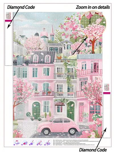 5D DIY Pintura de Diamantes | Calle parisina rosa soñadora con flores de cerezo y coche vintage Kit de pintura de diamantes, fachadas de edificios pastel, abundantes doseles florales y ambiente urbano caprichoso. Pintura decorativa hecha a mano, Kit de pintura de diamantes 5D DIY, Haz tu propia obra de arte DIY, Disfruta de la diversión manual, El mejor regalo para amigos