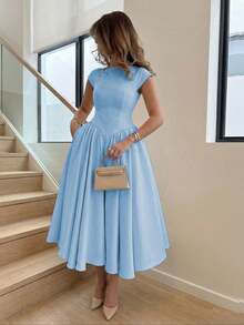 Đầm dài nữ thanh lịch, tối giản, phong cách retro, tay ngắn, dáng xòe, màu trơn, xếp ly, có khóa kéo, thích hợp cho tiệc tối, kỳ nghỉ, đi học, công sở, đi biển, mùa hè. - Màu xanh lam - Xem 2