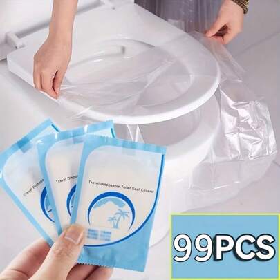 50 chiếc/gói Tấm lót bồn cầu du lịch chống thấm nước bằng PVC dùng một lần, thảm vệ sinh di động, thích hợp cho máy bay, cắm trại, nhà vệ sinh công cộng, đóng gói riêng lẻ, vật dụng thiết yếu cho nhà vệ sinh công cộng.