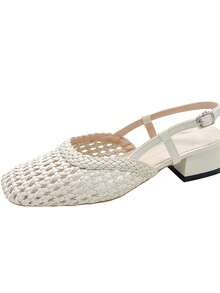 Fall/Winter Square Toe Woven Women's Sandals, Elegant Chunky Heel Bowknot Beige High Heels, Outdoor Party Buckle Hollow-Out Shoes,Elegant,Ballet Shoes - Beige - View 8