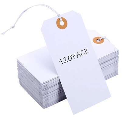 Blank Tags With Elastic, 120 Pcs Blank Labeling Tags String Large MarFKing Hang Tags White Tags With String Attached Writable Price Tags For All Occasions (4.72'' X 2.36'')