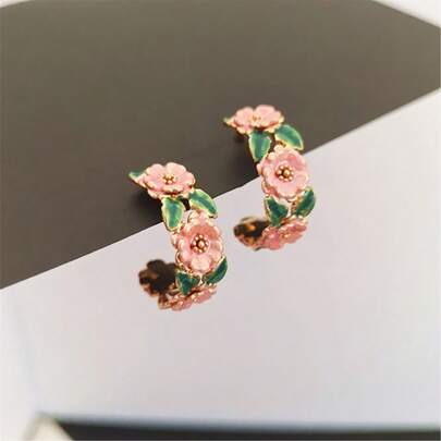 1 Pair Romantic Wild Rose Branch Earrings, Featuring Delicate C-Shaped Flower Branches With Glossy Dripping Enamel Petals, Creating An Artistic And Romantic French-Style Look Ideal For Spring And Daily Wear