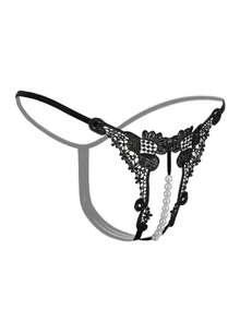 Fashionable Lace Embroidered Sexy Women's Panties, Low Waist G-String With Faux Pearl Massage Open Crotch Design, Lingerie For Valentine's Day For Going Out - Black - View 5