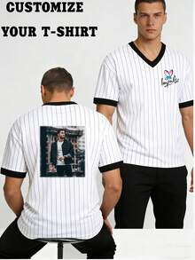 Spring/Summer New Loose Boyfriend Style White Striped T-Shirt, Customizable With Photo/Pattern/Advertising Print, Outdoor Vacation Casual Couple Outfit, Creative Gift - White - View 2