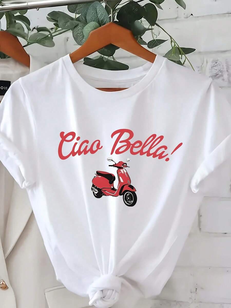 Women's Ciao Bella Pattern T-Shirt - Black And Red Skateboard Print, 100% Cotton, Short Sleeves, Round Neck, Casual Top, Breathable, Ideal For Summer And Spring, Machine Washable, Stylish Design, Comfortable Fit, Lightweight T-Shirt, Casual Style, Fun Print, Plus Sizes. - White - View 1