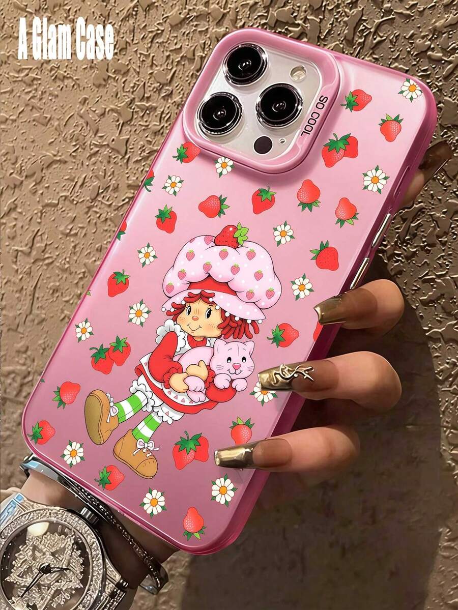 1 Piece IMD Pink Strawberry And  Girl Graphiccartoon Phone Case: Sweet Cool Style. Vibrant Pink, Shock-Absorbent, Compatible With IPhone16 Pro Max, 15/14 Plus, 13, 12, 11, 17,Waterproof, Shockproof, And Scratchproof Perfect Gift For New Year/Valentine's Day, Family/Friends/Lovers - 粉紅色2 - 查看 1