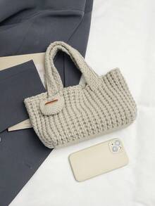 SIMUTINE 韩版编织春季手提包，女士新款时尚百搭简约腕包，针织纱线手提包，纱线材质，日常使用包，适合购物、通勤、工作、大学等场合 - 白色 - 查看 7