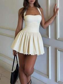 Women's Elegant Halter Neck Dress, High-End Exclusive Prom Party Birthday Banquet Short Cocktail Dress - 米色 - 查看 8