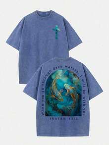 2026 Summer Clothes(230g T-Shirt) Loose Washed Cotton "When You Go Through Deep Waters" Turtle Graphic T-Shirt, Comfortable Christian Faith Tee With - 藍色5 - 查看 9