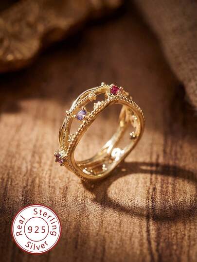 2 piezas Juego de anillos de corona de plata esterlina 925 vintage, elegante juego de joyas para mujer, adecuado para uso diario, citas, Año Nuevo, regalos del Día de San Valentín