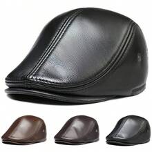 1顶男士纯色PU皮贝雷帽，时尚户外休闲帽，适合秋冬季街头、商务、派对、夏季、海滩、假日等场合。 - 多色 - 查看 1
