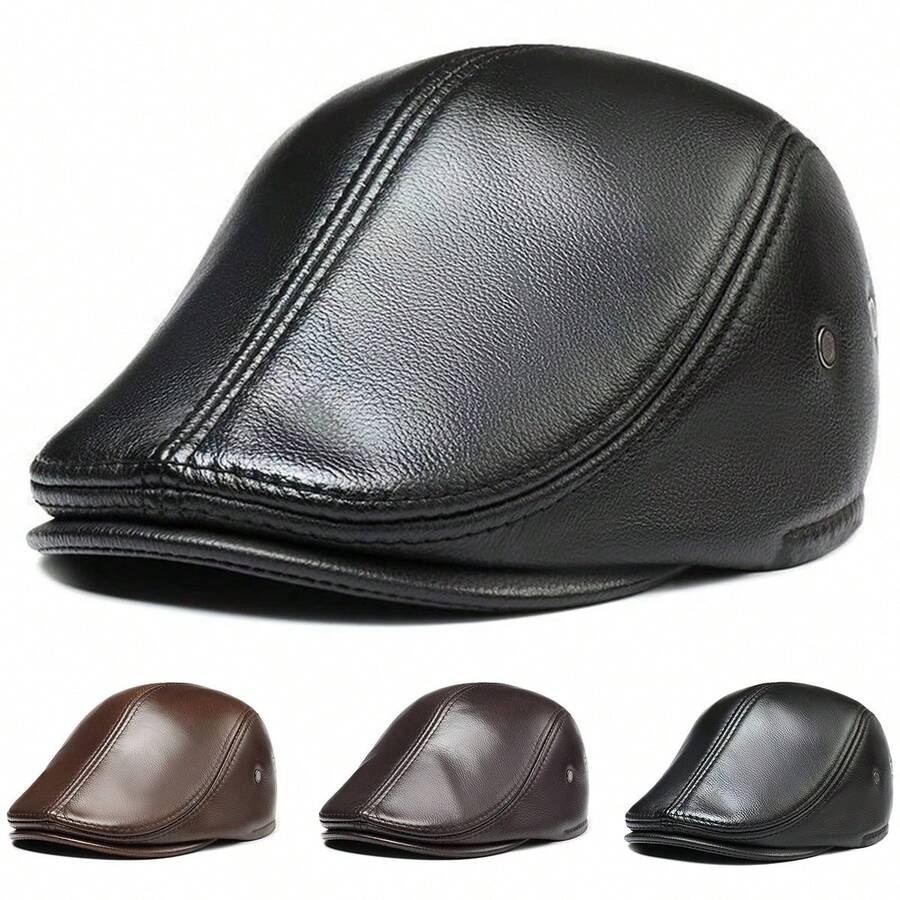 1顶男士纯色PU皮贝雷帽,时尚户外休闲帽,适合秋冬季街头、商务、派对、夏季、海滩、假日等场合。 - 多色 - 查看 1