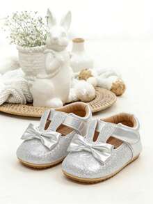 Cute Infant Girl Shoes With Bunny Ears, Infant Mary Jane Flats Princess Wedding Easter Dress Shoes Newborn Crib Shoes Prewalker First Walkers - Silver - View 2
