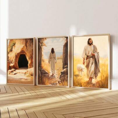 3PCS/SET Vintage Country Field Canvas Wall Art Print | The Lost Sheep Bible Stories Painting God Faith Poster Artwork For Bedroom, Prayer Room, Church Home Decoration, Unframed Easter Gift