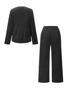 Vellofy Women's Summer Yellow Linen Casual 2-Piece Set, V-Neck Single Button Ruffle Top With Wide Leg Pants, Beach Vacation Style - Black - View 4