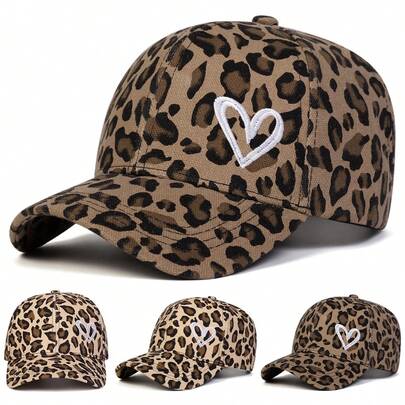 1pc Women's Heart Embroidery Leopard Print Baseball Cap, Street Fashion Hat, Outdoor Sun Protection Casual Cap For Spring Autumn Travel Beach