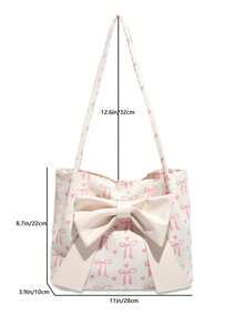 Solid Color PU Leather Bow Decor Lightweight Fashionable Women's Large Capacity Shoulder Bag, Elegant Lady Handbag - White - View 6